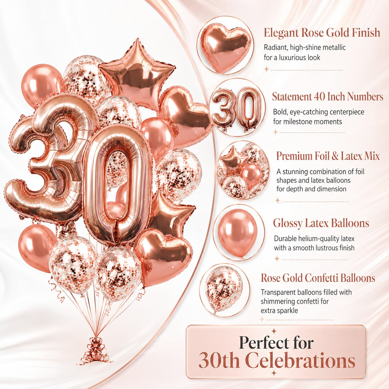 Giant Rose Gold No. 30 Foil & Latex Balloon Set - 16 PCS