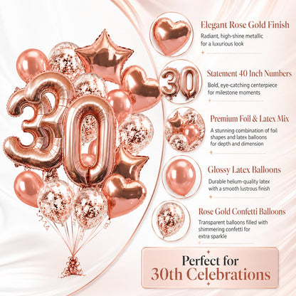 Giant Rose Gold No. 30 Foil & Latex Balloon Set - 16 PCS