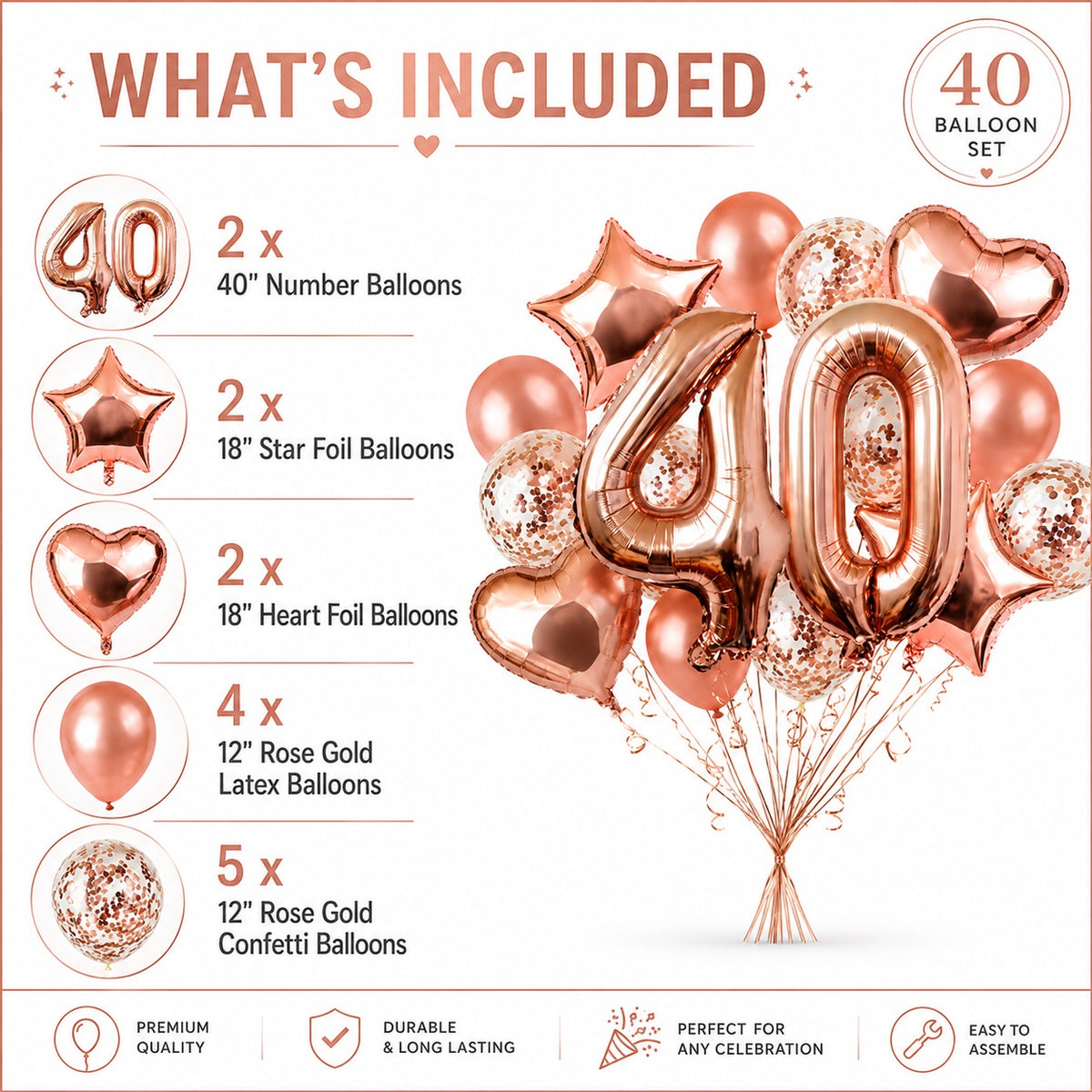 Giant Rose Gold No. 40 Foil & Latex Balloon Set - 16 PCS