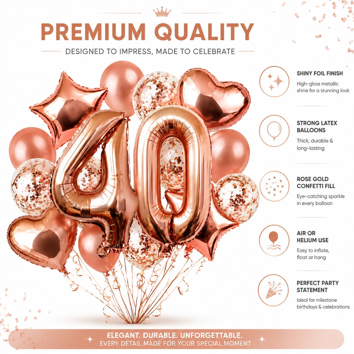 Giant Rose Gold No. 40 Foil & Latex Balloon Set - 16 PCS
