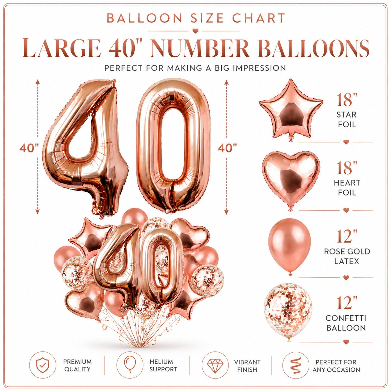Giant Rose Gold No. 40 Foil & Latex Balloon Set - 16 PCS