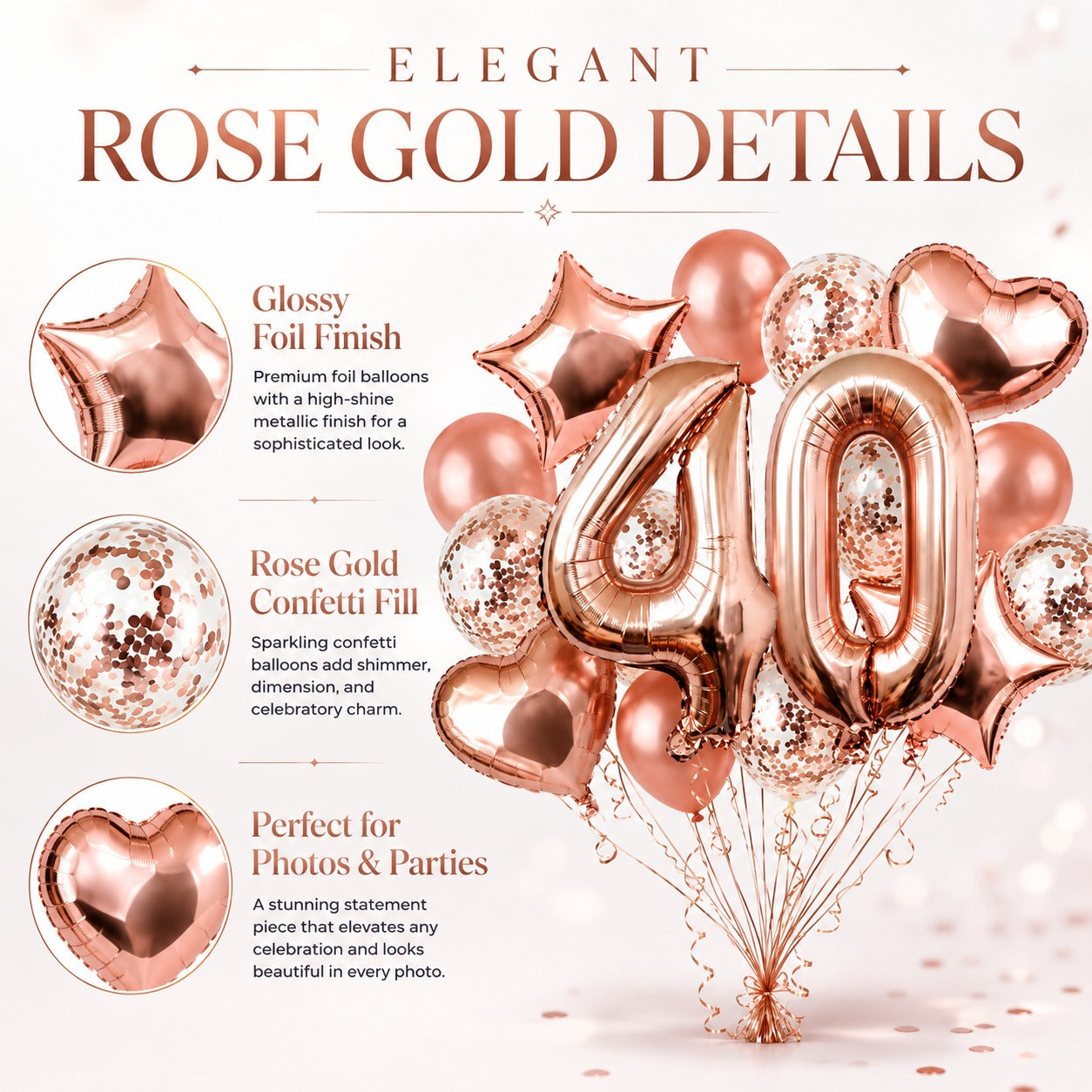 Giant Rose Gold No. 40 Foil & Latex Balloon Set - 16 PCS