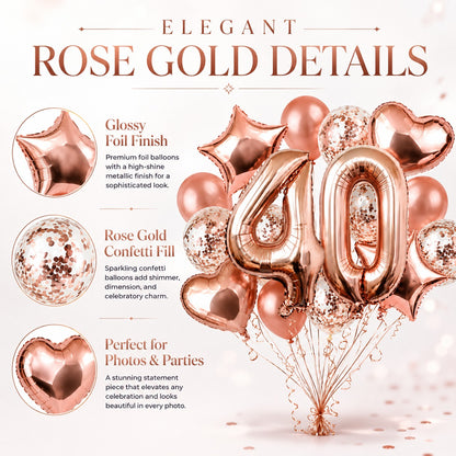 Giant Rose Gold No. 40 Foil & Latex Balloon Set - 16 PCS