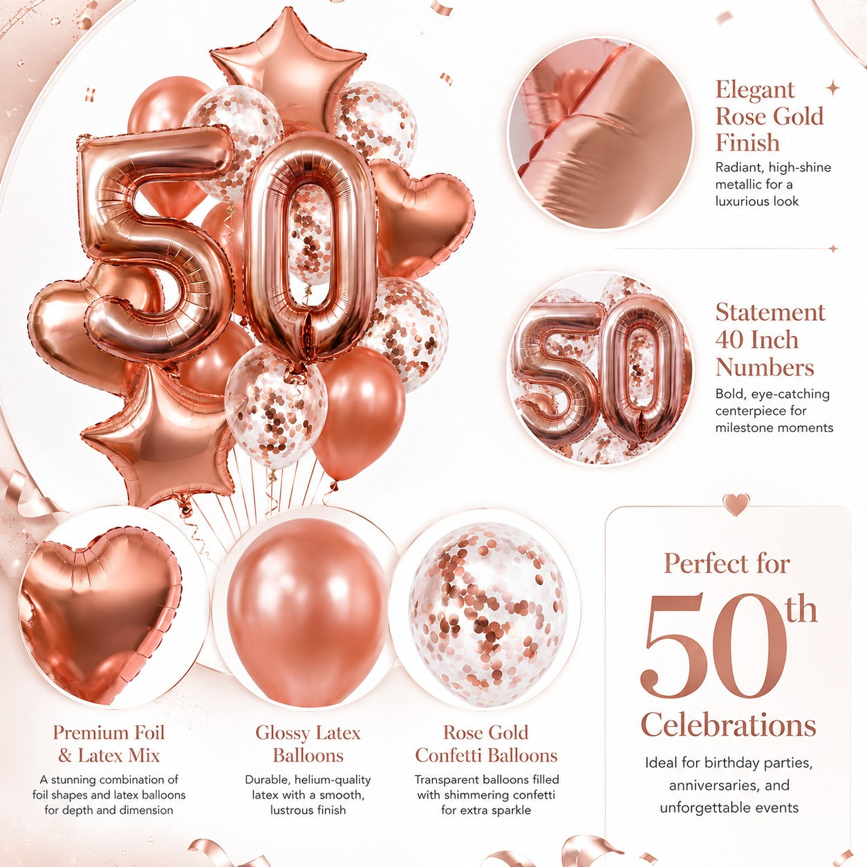 Giant Rose Gold No. 50 Foil & Latex Balloon Set - 16 PCS