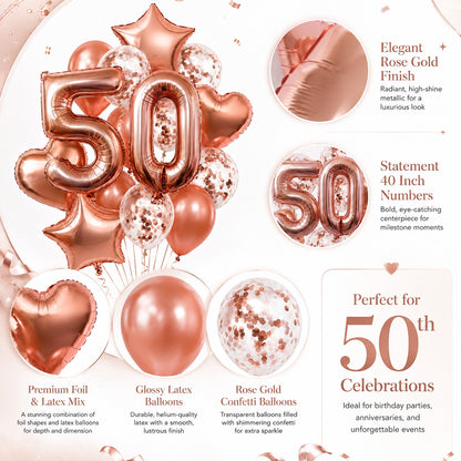 Giant Rose Gold No. 50 Foil & Latex Balloon Set - 16 PCS