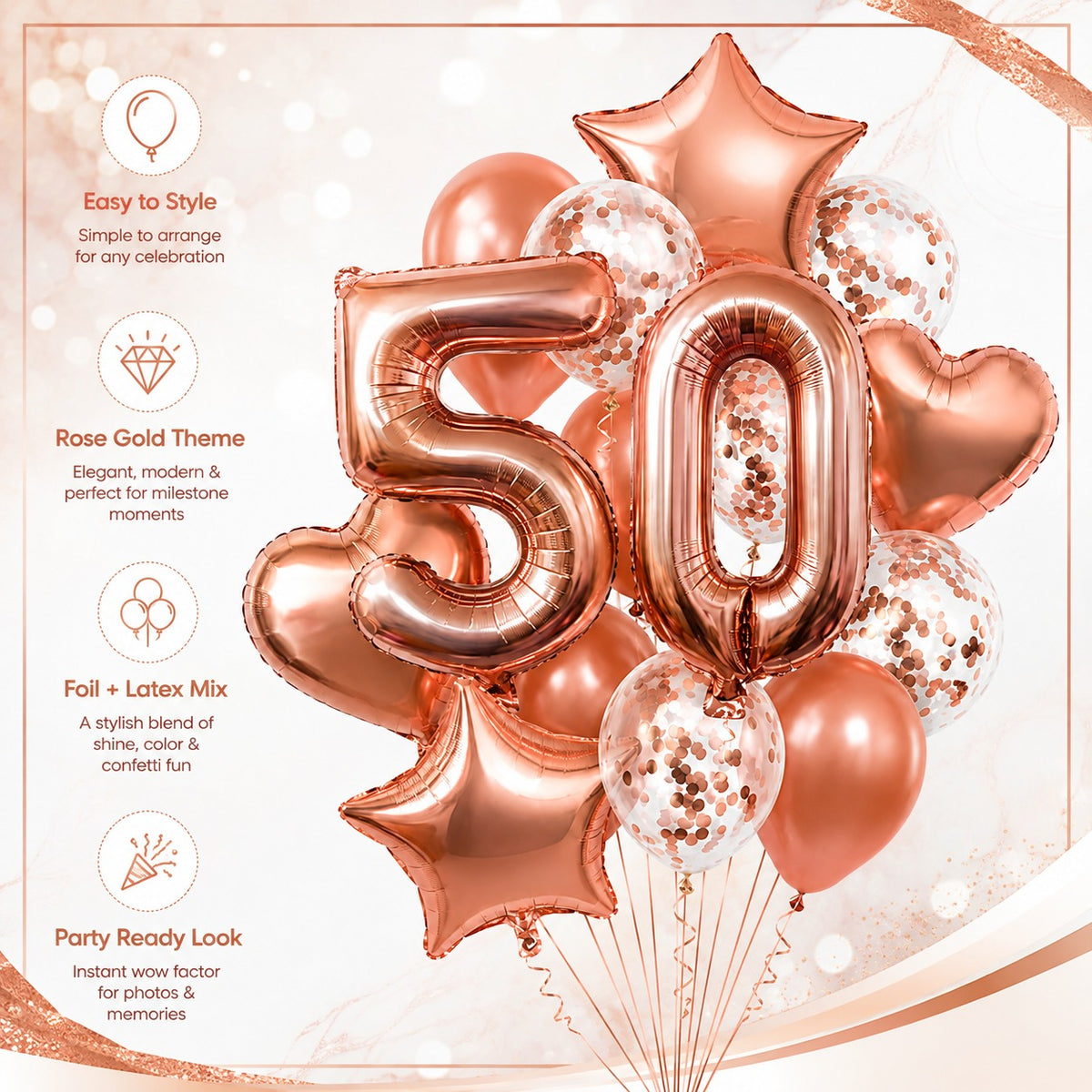 Giant Rose Gold No. 50 Foil & Latex Balloon Set - 16 PCS