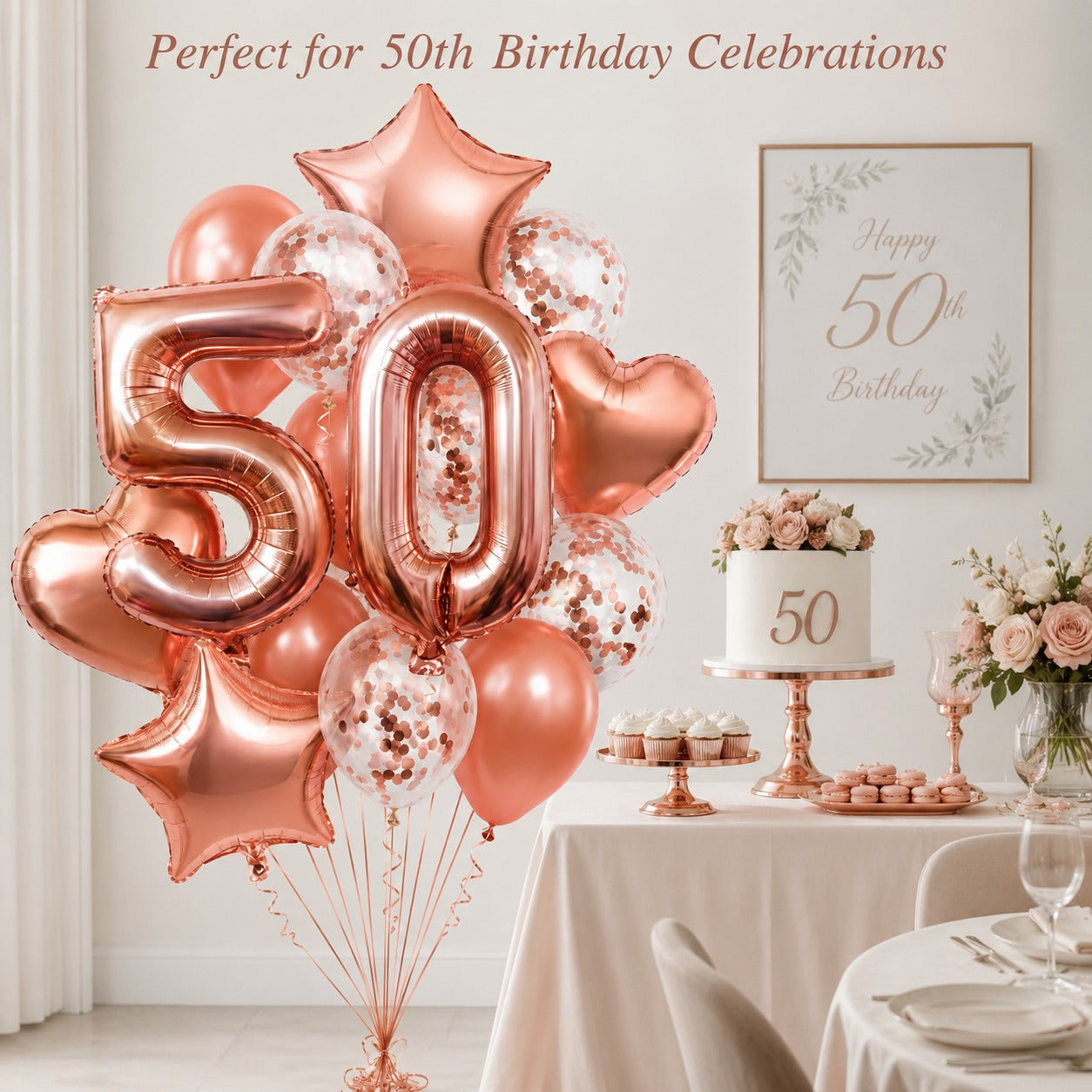 Giant Rose Gold No. 50 Foil & Latex Balloon Set - 16 PCS