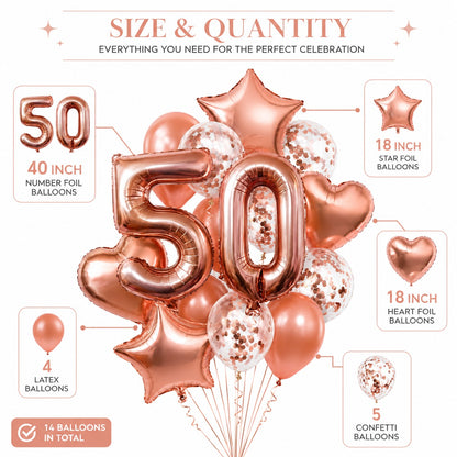 Giant Rose Gold No. 50 Foil & Latex Balloon Set - 16 PCS
