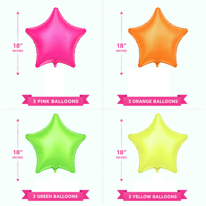 Multicolor Neon UV Glow Star Shaped Balloons 18 Inch (Pack of 12) | Helium Filled & Delivered Inflated | Glow Party Decoration