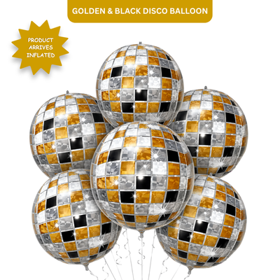 4D Golden & Black Disco Ball Foil Balloons (Pack of 6) | Helium Filled & Delivered Inflated | Party Decoration Balloons