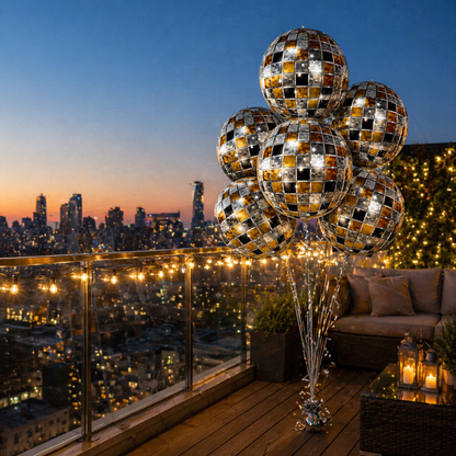 4D Golden & Black Disco Ball Foil Balloons (Pack of 6) | Helium Filled & Delivered Inflated | Party Decoration Balloons