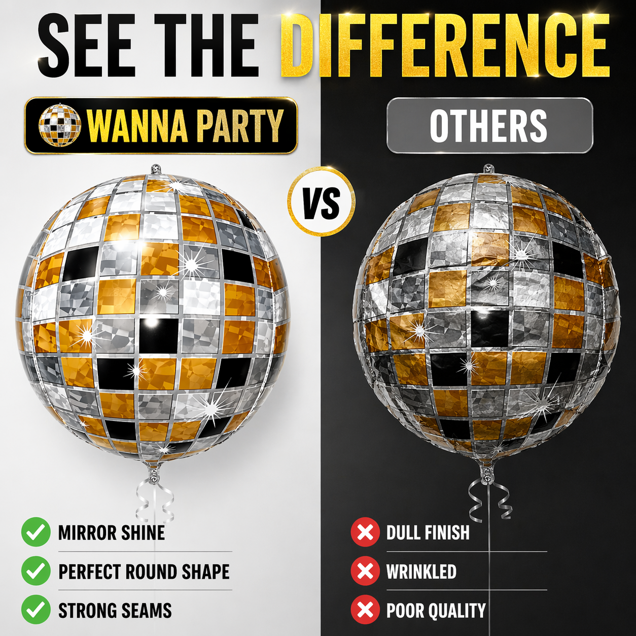 4D Golden & Black Disco Ball Foil Balloons (Pack of 6) | Helium Filled & Delivered Inflated | Party Decoration Balloons