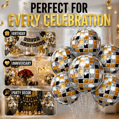 4D Golden & Black Disco Ball Foil Balloons (Pack of 6) | Helium Filled & Delivered Inflated | Party Decoration Balloons
