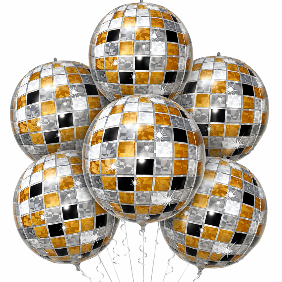 4D Golden & Black Disco Ball Foil Balloons (Pack of 6) | Helium Filled & Delivered Inflated | Party Decoration Balloons