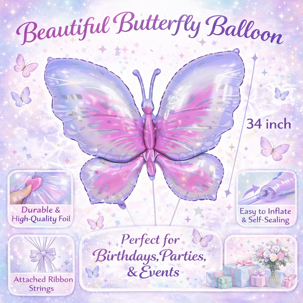 Pink & Purple Butterfly Shaped Large Balloons - 4PC