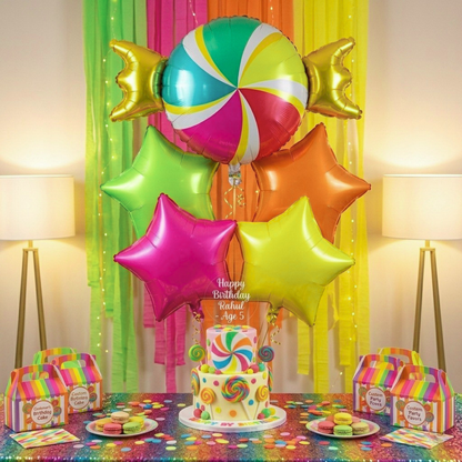Candy Theme Helium Balloon Set of 5 (1 Candy Shape + 4 Neon Star Balloons 18 Inch) | Helium Filled & Delivered Inflated| Kids Birthday Decoration