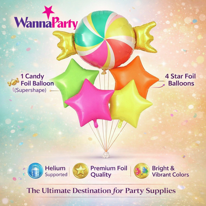 Candy Theme Helium Balloon Set of 5 (1 Candy Shape + 4 Neon Star Balloons 18 Inch) | Helium Filled & Delivered Inflated| Kids Birthday Decoration