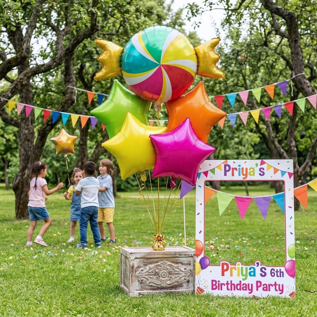 Candy Theme Helium Balloon Set of 5 (1 Candy Shape + 4 Neon Star Balloons 18 Inch) | Helium Filled & Delivered Inflated| Kids Birthday Decoration