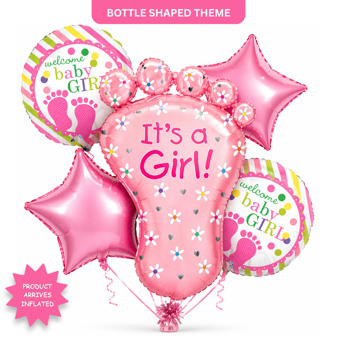 It’s a Girl Baby Feet Shaped Helium Balloon Set of 5 (Baby Feet + Welcome Baby Girl + Pink Star Balloons) | Pre-Inflated & Delivered | Baby Shower Decoration