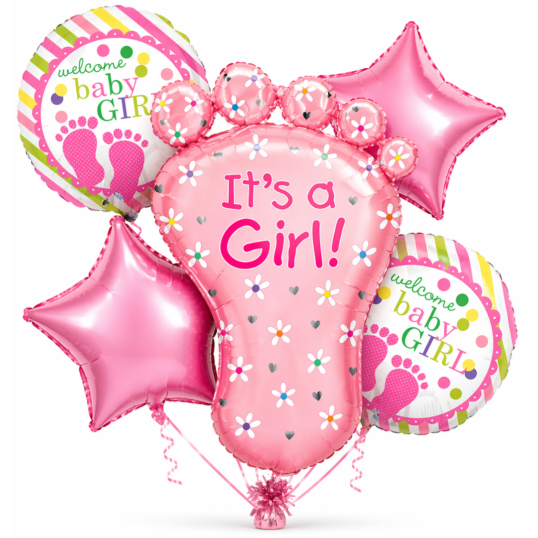 It’s a Girl Baby Feet Shaped Helium Balloon Set of 5 (Baby Feet + Welcome Baby Girl + Pink Star Balloons) | Pre-Inflated & Delivered | Baby Shower Decoration