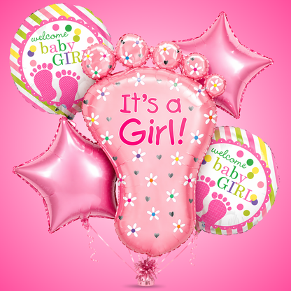 It’s a Girl Baby Feet Shaped Helium Balloon Set of 5 (Baby Feet + Welcome Baby Girl + Pink Star Balloons) | Pre-Inflated & Delivered | Baby Shower Decoration
