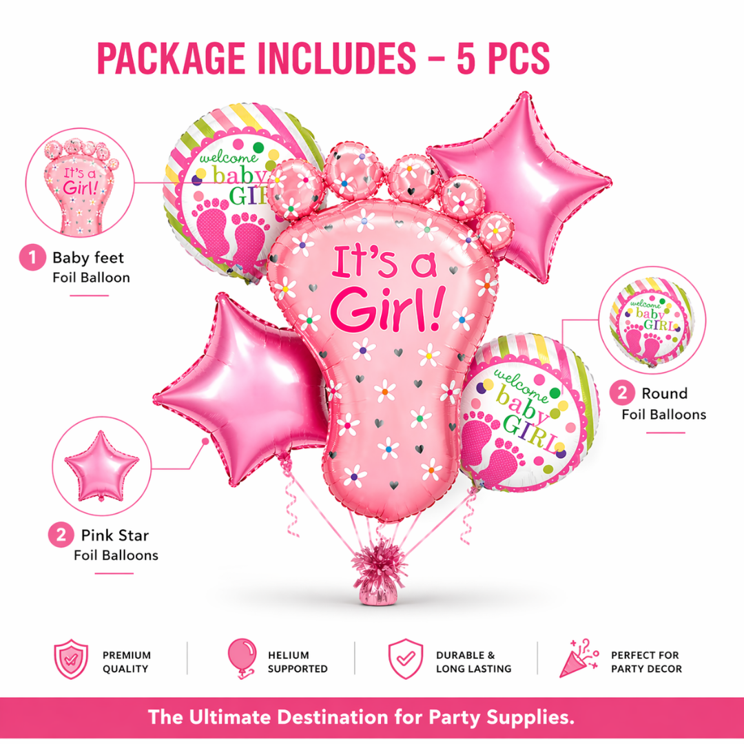 It’s a Girl Baby Feet Shaped Helium Balloon Set of 5 (Baby Feet + Welcome Baby Girl + Pink Star Balloons) | Pre-Inflated & Delivered | Baby Shower Decoration