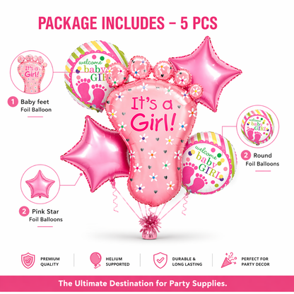 It’s a Girl Baby Feet Shaped Helium Balloon Set of 5 (Baby Feet + Welcome Baby Girl + Pink Star Balloons) | Pre-Inflated & Delivered | Baby Shower Decoration