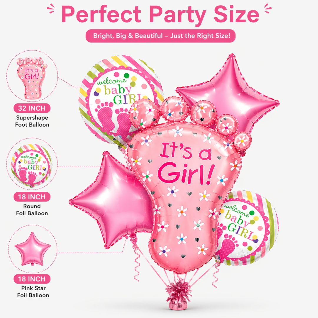 It’s a Girl Baby Feet Shaped Helium Balloon Set of 5 (Baby Feet + Welcome Baby Girl + Pink Star Balloons) | Pre-Inflated & Delivered | Baby Shower Decoration