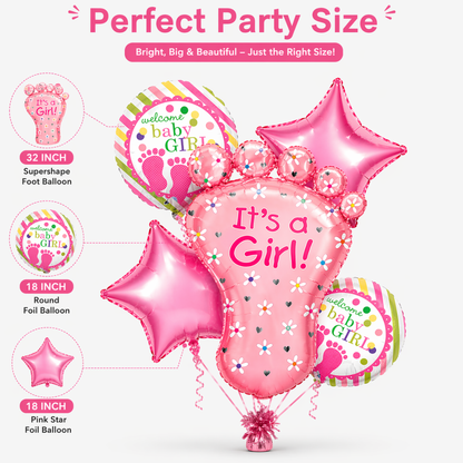 It’s a Girl Baby Feet Shaped Helium Balloon Set of 5 (Baby Feet + Welcome Baby Girl + Pink Star Balloons) | Pre-Inflated & Delivered | Baby Shower Decoration