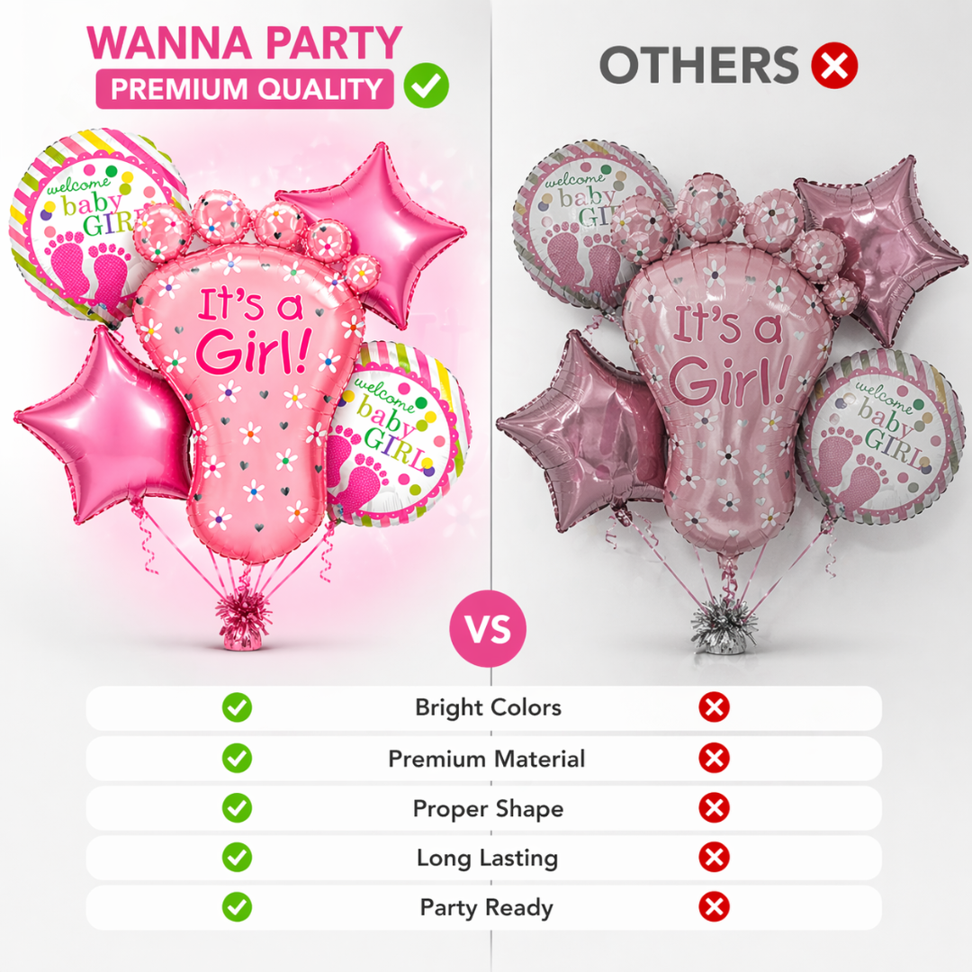 It’s a Girl Baby Feet Shaped Helium Balloon Set of 5 (Baby Feet + Welcome Baby Girl + Pink Star Balloons) | Pre-Inflated & Delivered | Baby Shower Decoration