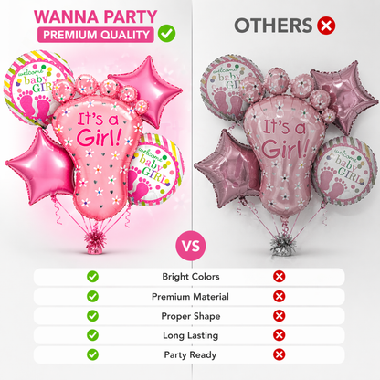 It’s a Girl Baby Feet Shaped Helium Balloon Set of 5 (Baby Feet + Welcome Baby Girl + Pink Star Balloons) | Pre-Inflated & Delivered | Baby Shower Decoration