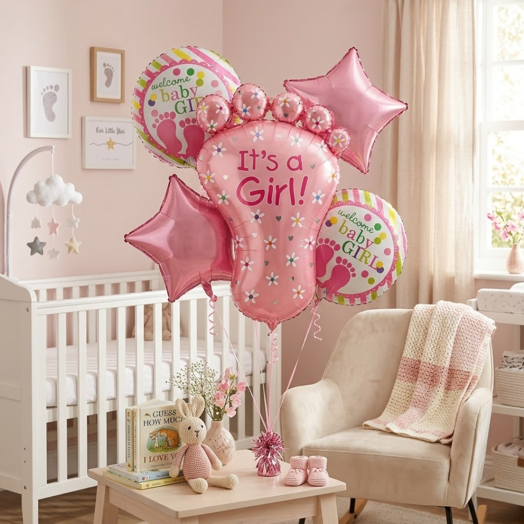 It’s a Girl Baby Feet Shaped Helium Balloon Set of 5 (Baby Feet + Welcome Baby Girl + Pink Star Balloons) | Pre-Inflated & Delivered | Baby Shower Decoration