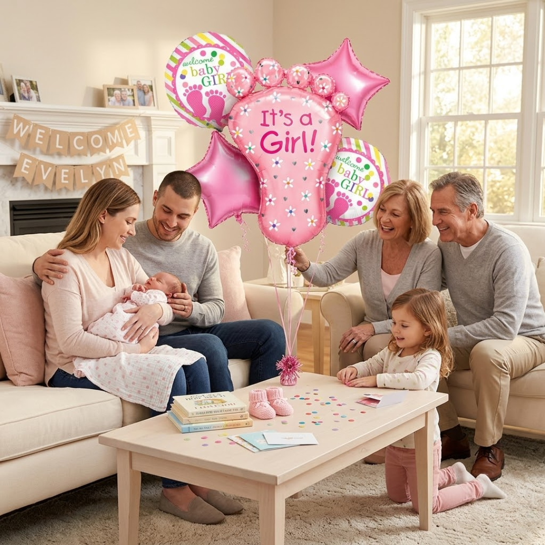 It’s a Girl Baby Feet Shaped Helium Balloon Set of 5 (Baby Feet + Welcome Baby Girl + Pink Star Balloons) | Pre-Inflated & Delivered | Baby Shower Decoration