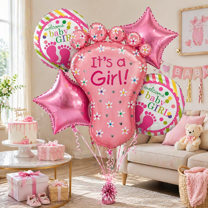 It’s a Girl Baby Feet Shaped Helium Balloon Set of 5 (Baby Feet + Welcome Baby Girl + Pink Star Balloons) | Pre-Inflated & Delivered | Baby Shower Decoration