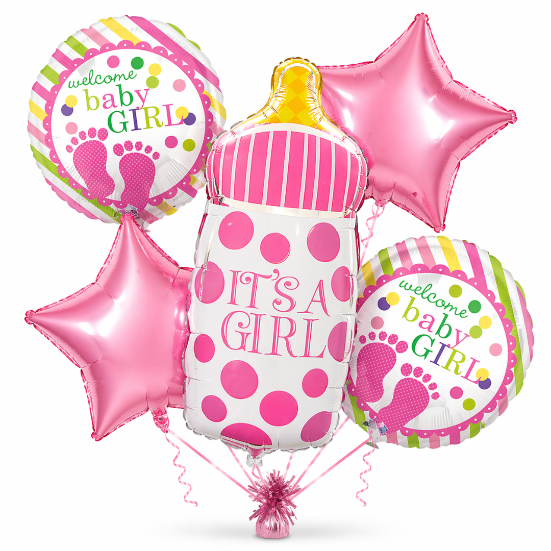 It’s a Girl Bottle Shaped Helium Balloon Set of 5 (Baby Bottle + Welcome Baby Girl + Pink Star Balloons) | Pre-Inflated & Delivered | Baby Shower Decoration