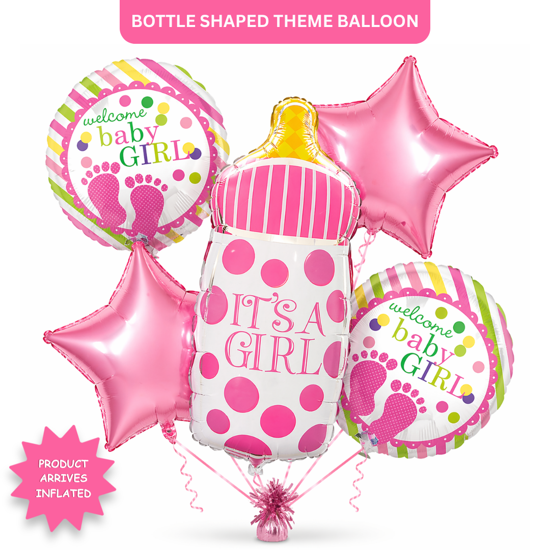 It’s a Girl Bottle Shaped Helium Balloon Set of 5 (Baby Bottle + Welcome Baby Girl + Pink Star Balloons) | Pre-Inflated & Delivered | Baby Shower Decoration