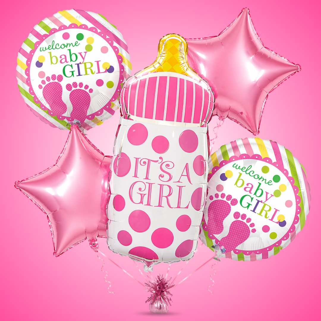 It’s a Girl Bottle Shaped Helium Balloon Set of 5 (Baby Bottle + Welcome Baby Girl + Pink Star Balloons) | Pre-Inflated & Delivered | Baby Shower Decoration