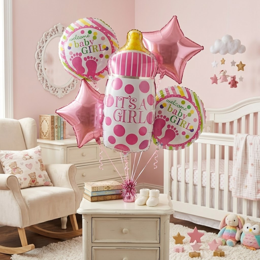 It’s a Girl Bottle Shaped Helium Balloon Set of 5 (Baby Bottle + Welcome Baby Girl + Pink Star Balloons) | Pre-Inflated & Delivered | Baby Shower Decoration
