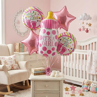 It’s a Girl Bottle Shaped Helium Balloon Set of 5 (Baby Bottle + Welcome Baby Girl + Pink Star Balloons) | Pre-Inflated & Delivered | Baby Shower Decoration