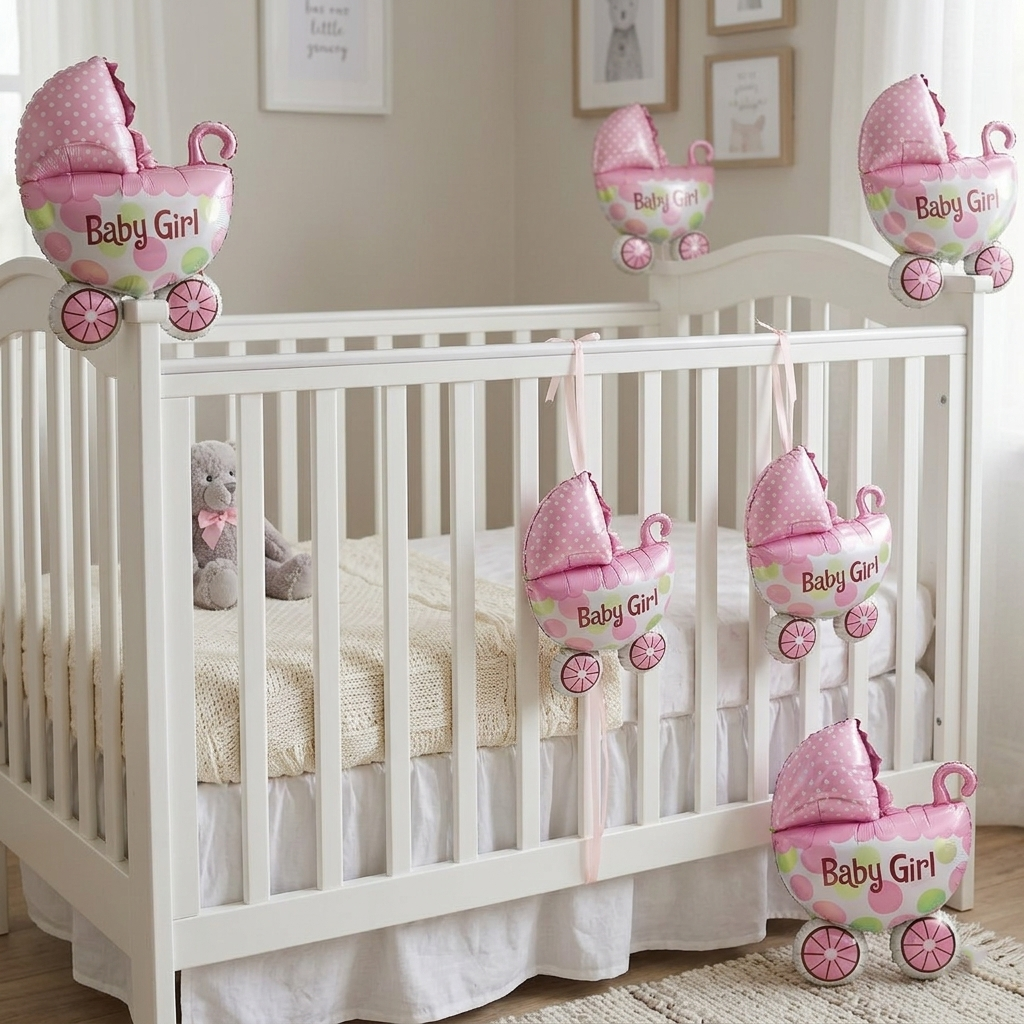 Baby Girl Pram Foil Balloon Set for Baby Girl Arrival Party 14 inches - 6PC | Trousseau Packing Gifting Balloon Decoration