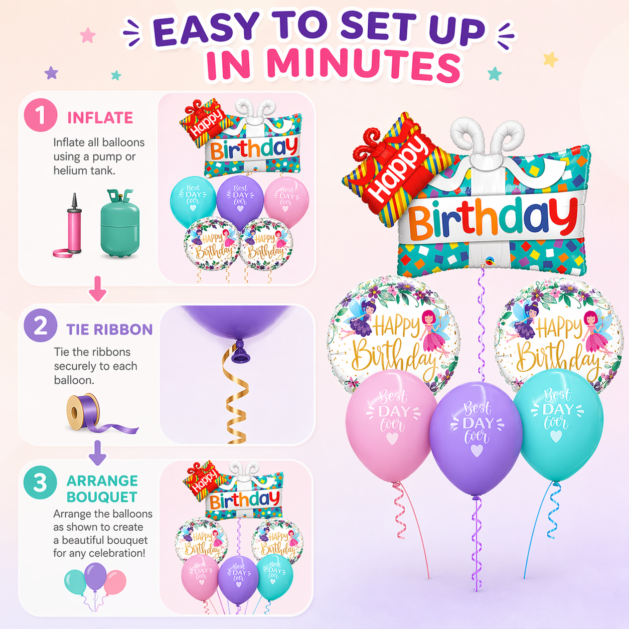 Happy Birthday Gift Box Helium Balloon Set of 6 (Dual Gift Box Supershape + 2 Happy Birthday Round Foil + 3 Best Day Ever Balloons) | Pre-Inflated & Delivered | Birthday Decoration