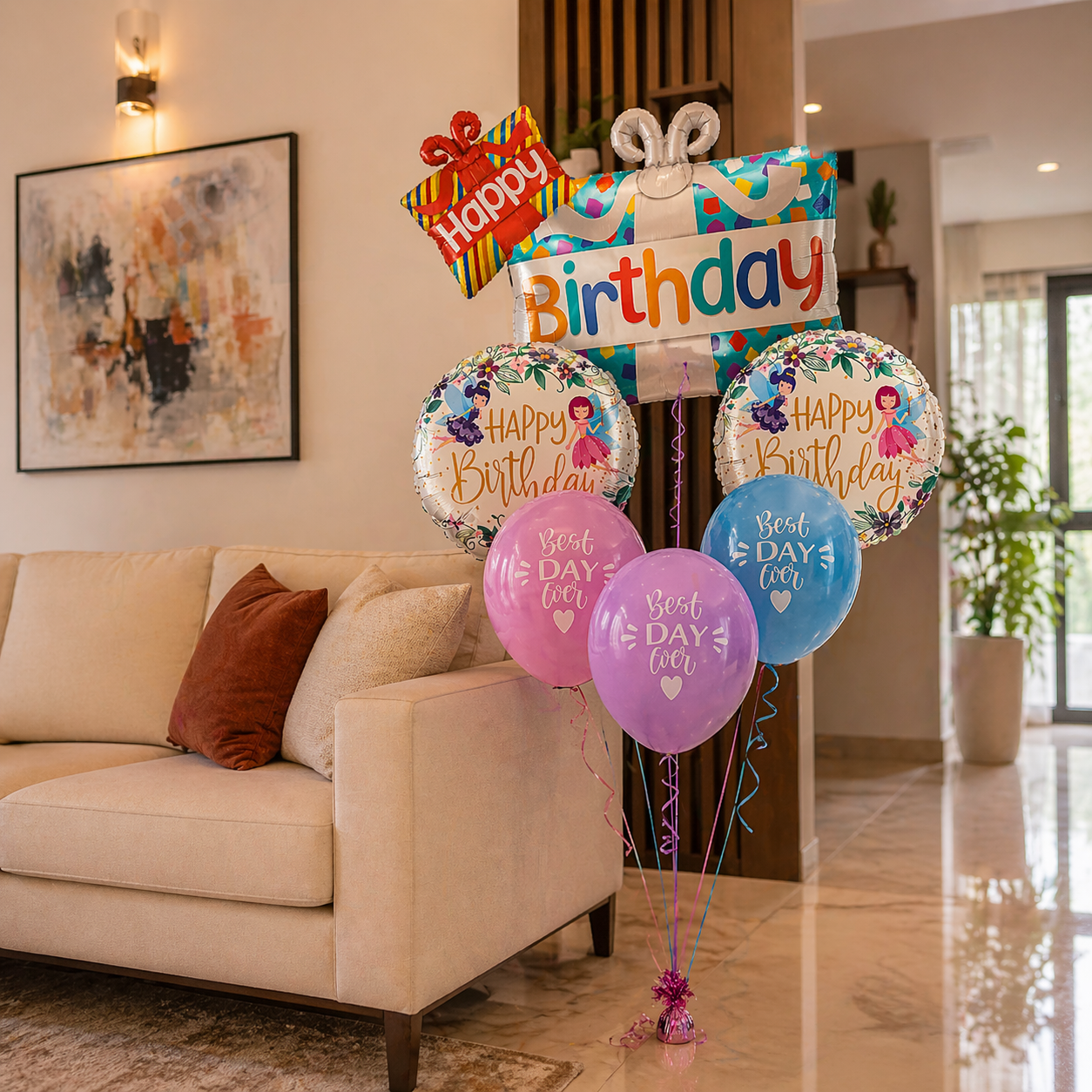 Happy Birthday Gift Box Helium Balloon Set of 6 (Dual Gift Box Supershape + 2 Happy Birthday Round Foil + 3 Best Day Ever Balloons) | Pre-Inflated & Delivered | Birthday Decoration