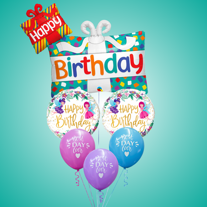 Happy Birthday Gift Box Helium Balloon Set of 6 (Dual Gift Box Supershape + 2 Happy Birthday Round Foil + 3 Best Day Ever Balloons) | Pre-Inflated & Delivered | Birthday Decoration