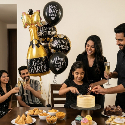 Starry Wine Bottle Helium Balloon Set of 6 (Wine Bottle + 2 Happy Birthday Round Foil + 3 Best Day Ever Black & White Balloons) | Pre-Inflated & Delivered | Birthday Decoration