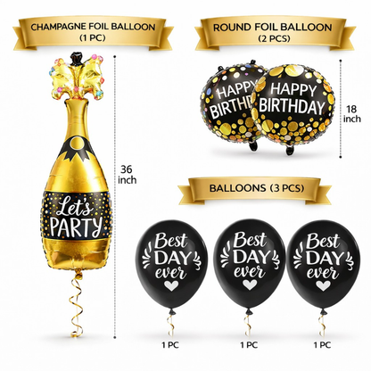 Starry Wine Bottle Helium Balloon Set of 6 (Wine Bottle + 2 Happy Birthday Round Foil + 3 Best Day Ever Black & White Balloons) | Pre-Inflated & Delivered | Birthday Decoration