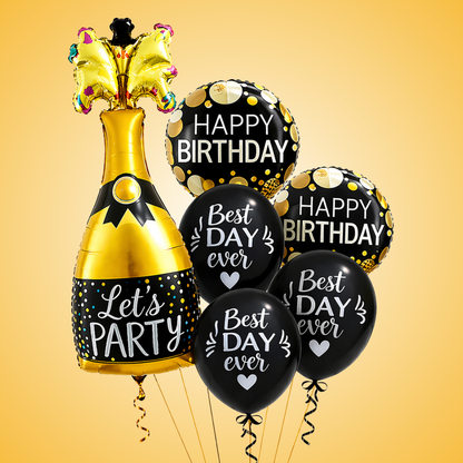 Starry Wine Bottle Helium Balloon Set of 6 (Wine Bottle + 2 Happy Birthday Round Foil + 3 Best Day Ever Black & White Balloons) | Pre-Inflated & Delivered | Birthday Decoration