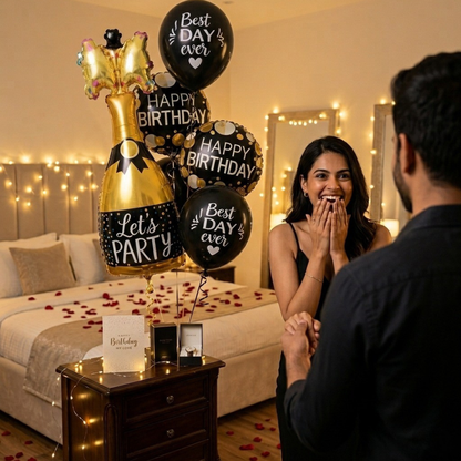 Starry Wine Bottle Helium Balloon Set of 6 (Wine Bottle + 2 Happy Birthday Round Foil + 3 Best Day Ever Black & White Balloons) | Pre-Inflated & Delivered | Birthday Decoration
