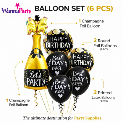 Starry Wine Bottle Helium Balloon Set of 6 (Wine Bottle + 2 Happy Birthday Round Foil + 3 Best Day Ever Black & White Balloons) | Pre-Inflated & Delivered | Birthday Decoration