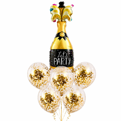 Let’s Party” Champagne Glass Foil Balloon Set of 6 for Celebration Decoration | 1 Supershape Champagne Balloon + 5 Gold Confetti Balloons |