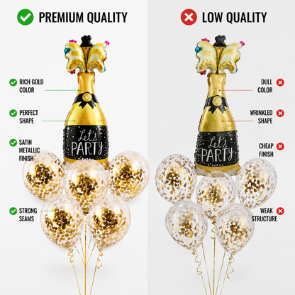 Let’s Party Champagne Glass Helium Balloon Set of 6 (1 Supershape Champagne + 5 Gold Confetti Balloons) | Pre-Inflated & Delivered | Celebration Decoration